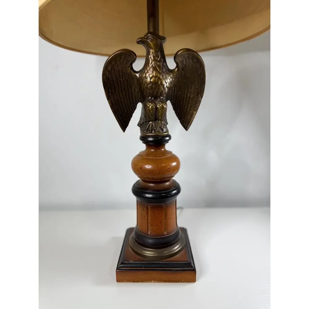 Vintage Wood Brass Table Lamp Eagle Finial Federal Style Americana Burlap Shade